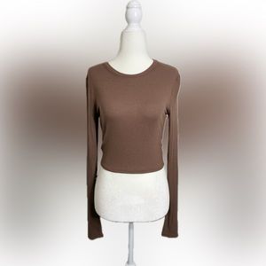 Large naked wardrobe LH Brown Tan Ribbed Long Sleeve Cropped Shirt